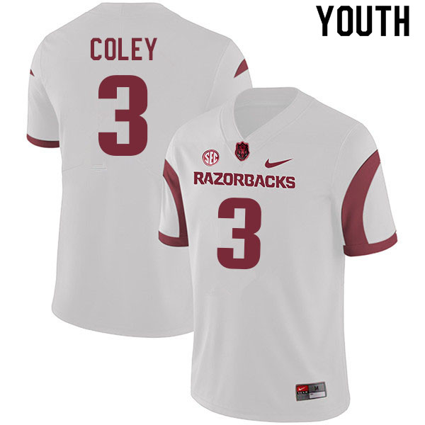 Youth #3 Lucas Coley Arkansas Razorbacks College Football Jerseys Sale-White - Click Image to Close